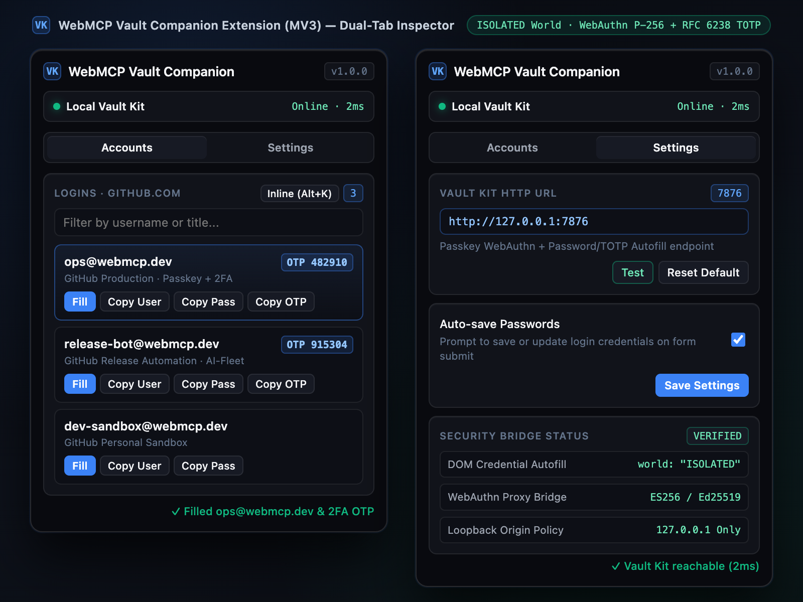 WebMCP Vault Companion Chrome Extension Popup showing domain matching logins and 2FA OTP