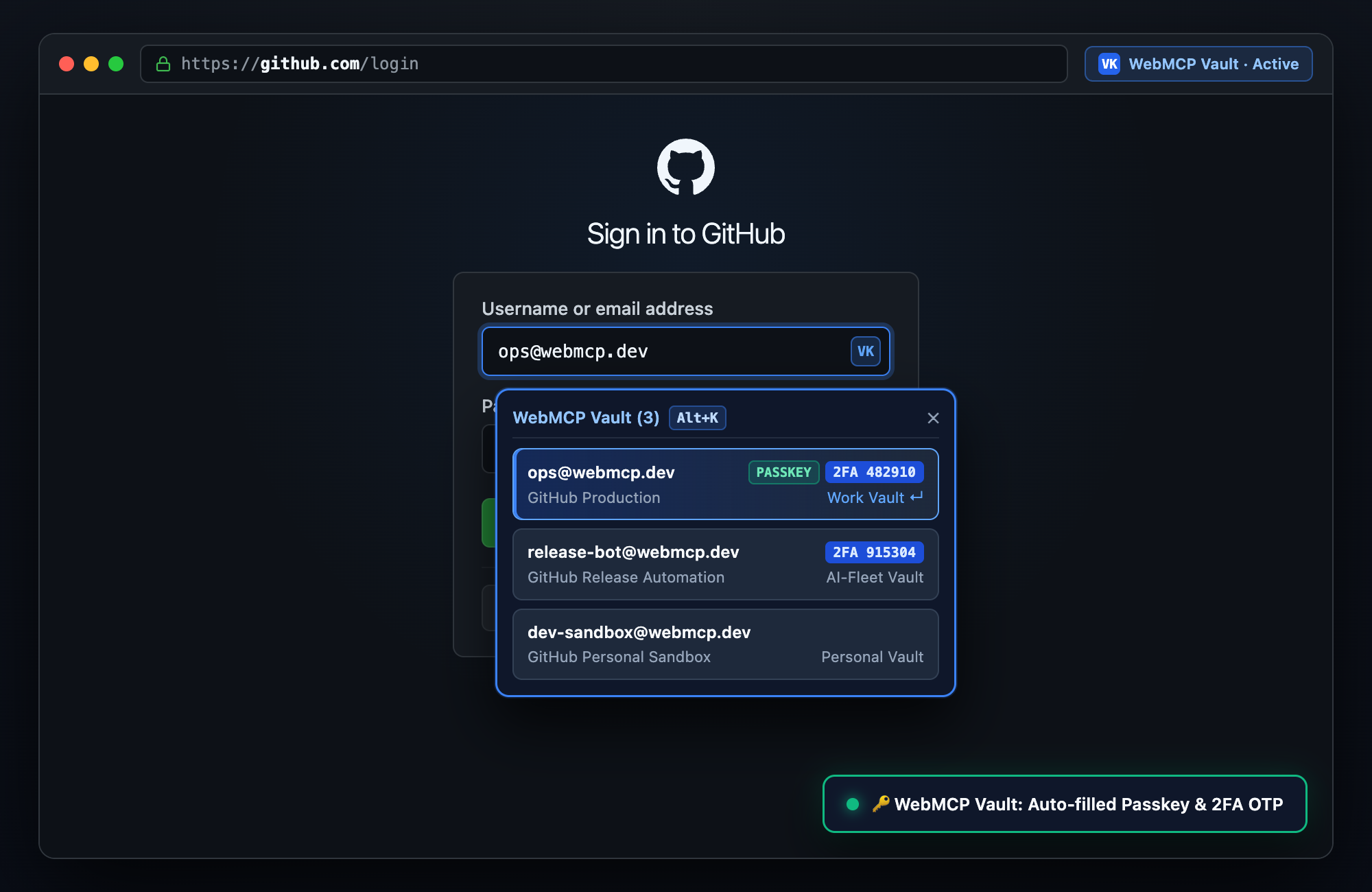 Inline Alt+K Autofill selector open on a login form with live TOTP badge