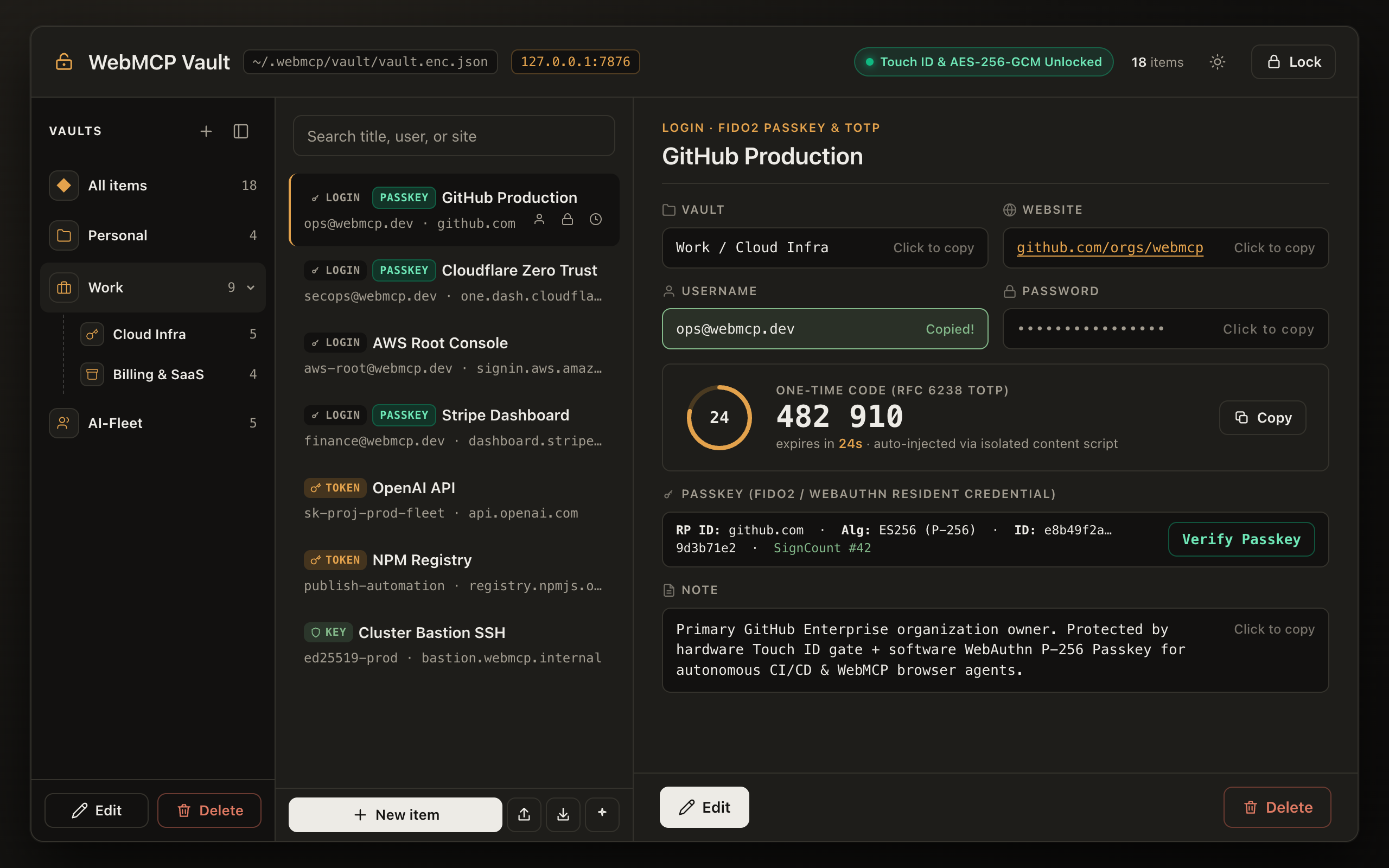 WebMCP Vault Kit Local Web UI Dashboard showing encrypted logins, passkeys, and live TOTP codes